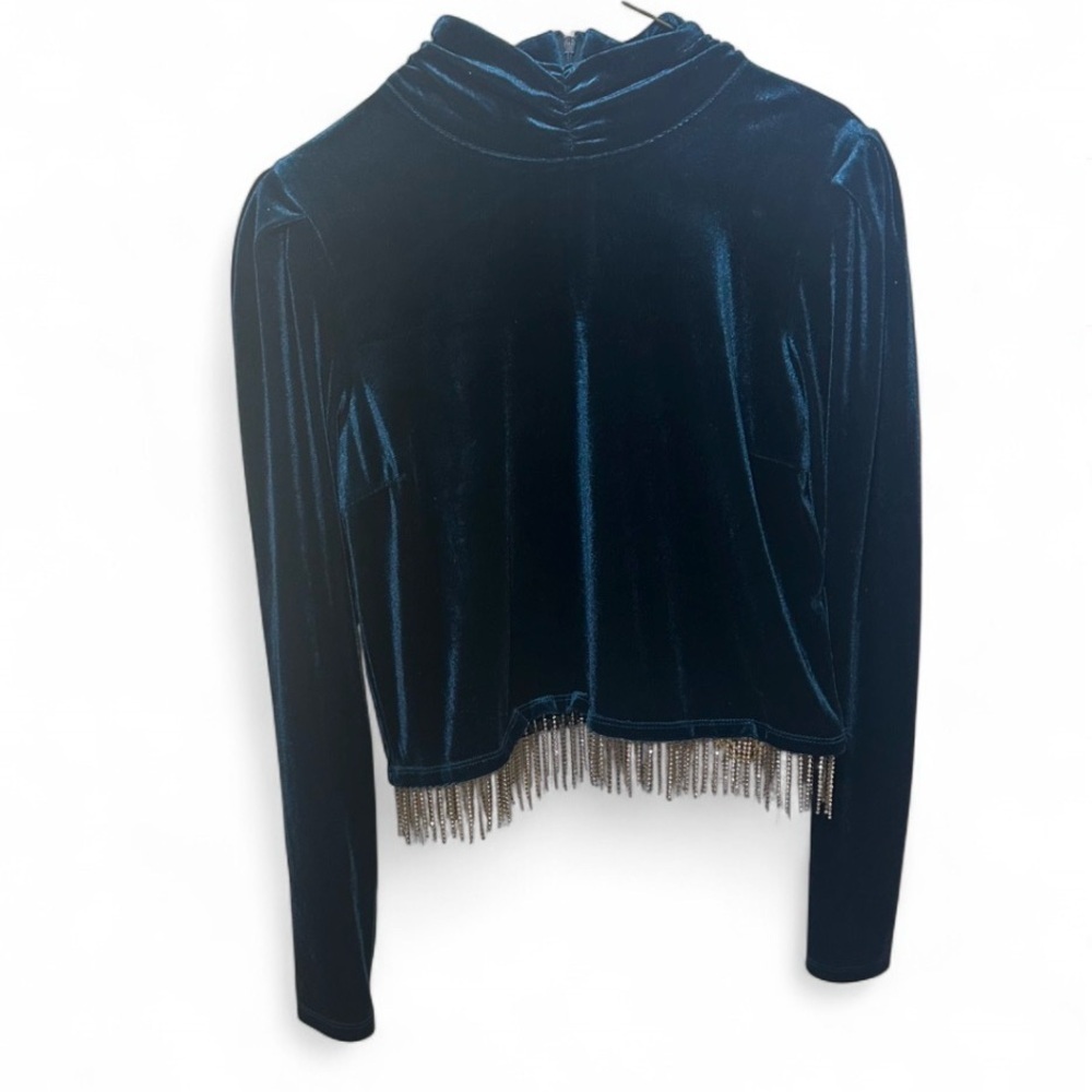 JOIE Women's Velvet Mock Neck Long Sleeve Rhinestone Fringe Crop Top - Picture 2 of 5